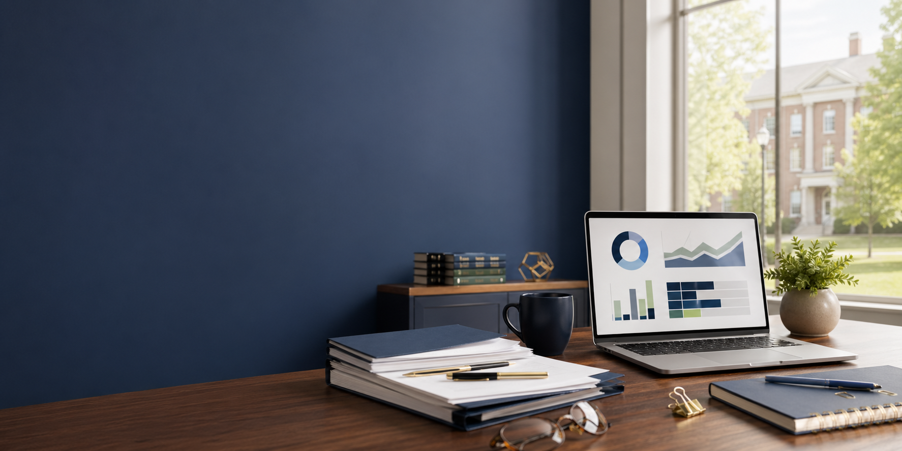 Modern higher education administrative workspace with financial aid documents and a laptop dashboard
